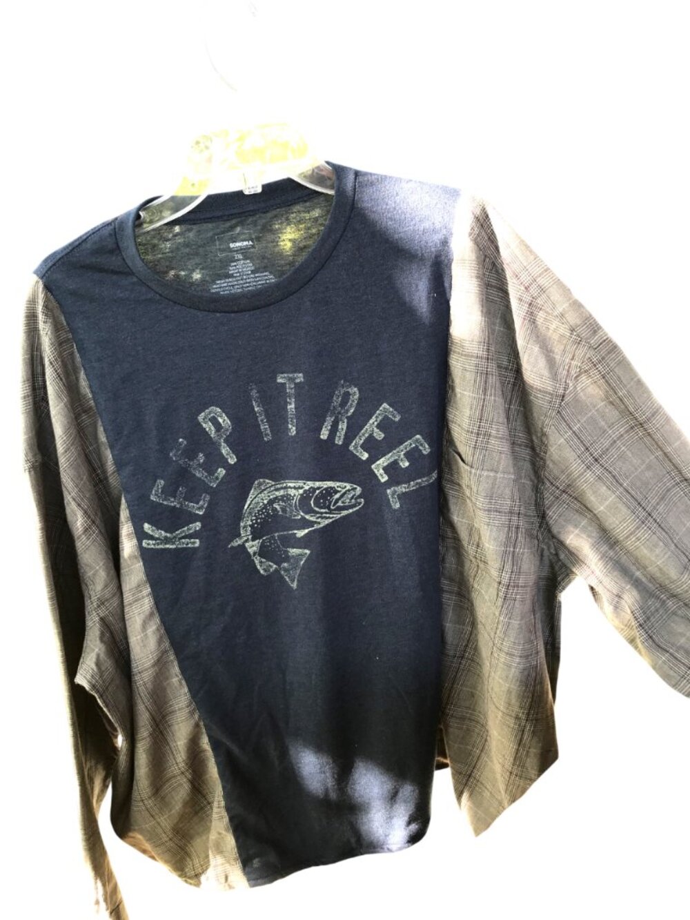 Reworked Plaid Tee, Upcycled Fishing Graphic Long-Sleeved T-Shirt, Size XL - XXL